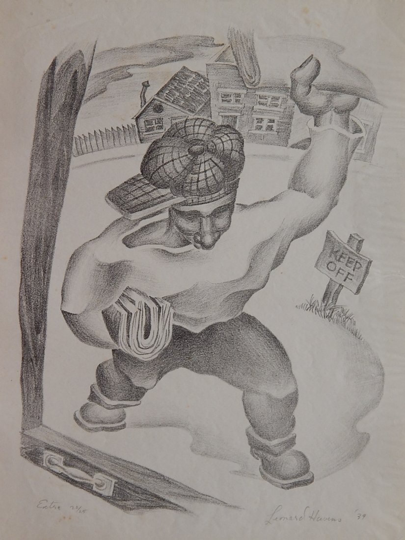 Leonard Havens lithograph: Leonard Havens (American 1914-?)- ''Extra''- lithograph, 1939, signed, dated, titled and numbered 20/25 in pencil, done for the Illinois WPA, minor foxing. 15 1/4 x 11 1/4''