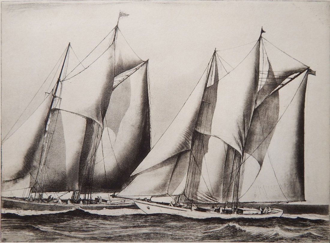 Earl Horter etching and aquatint: Earl Horter (American 1881-1940)- ''Yacht Racing''- etching and aquatint, ca. 1925, signed in pencil, edition of about 50. 8 1/4 x 11 1/2''