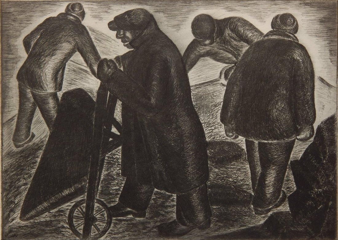 Abraham Jacobs etching: Abraham Jacobs (American 20th c.)- ''W.P.A. Workers''- etching, ca. 1935, signed and titled in pencil, very good condition. 7 1/8 x 9 7/8''