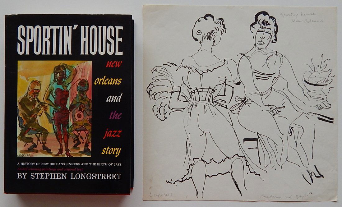 Stephen Longstreet pen and ink: Stephen Longstreet (American 1907-2002)- ''Madam and Girl''- pen and ink on paper, signed and titled in pencil used as illustration for Stephen Longstreet's book- ''Sp House - New Orleans'' pg 156; to