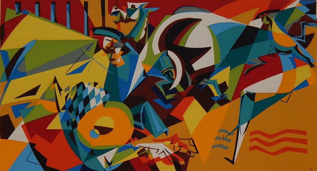 James Mc Connell silkscreen: James Mc Connell (American 1914-1988)- ''Sangre Y Arena''- silkscreen in colors, 1947, signed, dated and titled in pencil. 7 1/4 x 13''