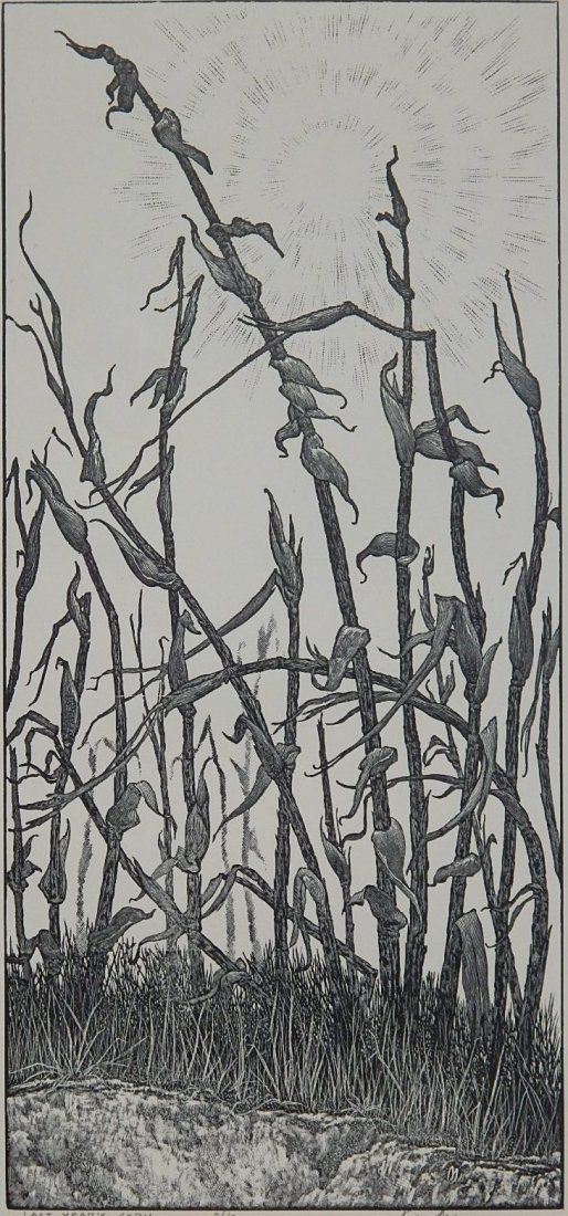 Leo Meissner wood engraving: Leo Meissner (American 1895-1977)- ''Last Year's Corn''- wood engraving, ca. 1965, signed, titled and numbered 26/50 in pencil, very good condition. 13 x 6''
