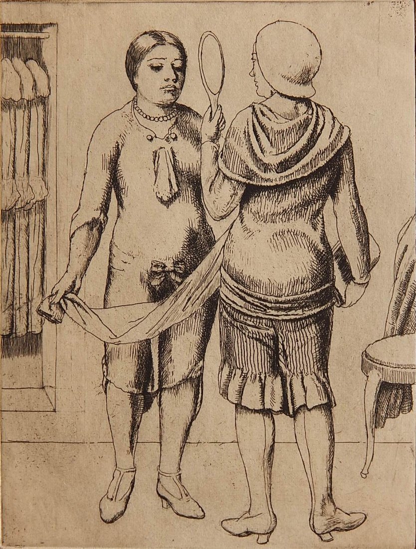 Kenneth Hayes Miller etching: Kenneth Hayes Miller (American 1876-1952)- Two Women with Mirror- etching, 1930, signed in pencil. 8 1/2 x 6 1/2''