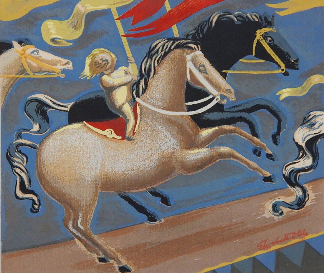Elizabeth Olds screenprint: Elizabeth Olds (American 1896-1991)- Carousel- screenprint in colors, signed in ink in image, mat burn, otherwise good condition. 12 1/2 x 14 1/2''
