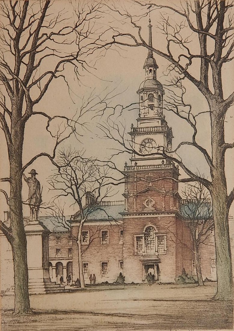 Leon Pescheret etching: Leon Pescheret (American 1892-1971)- ''Independence Hall, Philadelphia''- etching in colors, signed and titled in pencil, mat burn and light struck. 13 1/2 x 9 3/4''