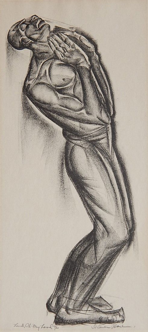 Iver Rose lithograph: Iver Rose (American 1899-1972)- ''Lord, Oh My Lord''- lithograph, signed, titled and numbered 19/60 in pencil, light struck, otherwise good condition. 20 1/2 x 8''