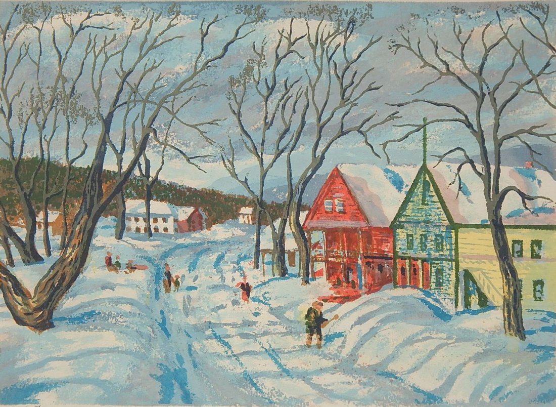 Harry Shokler silkscreen: Harry Shokler (American 1896-1978)- ''Weston, Vermont''- silkscreen in colors, 1978, signed, titled, dated and annotated 'ed 100' in pencil. 11 3/4 x 15''