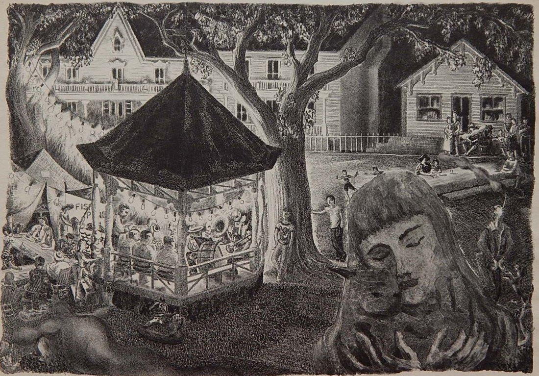 Pretiss Taylor lithograph: Prentiss Taylor (American 1907-1991)- ''Women's Club Carnival'' (Rose and Quiroz 80)- lithograph, 1950, signed, dated, titled and annotated '25 prints' in pencil. 11 x 15 3/4''