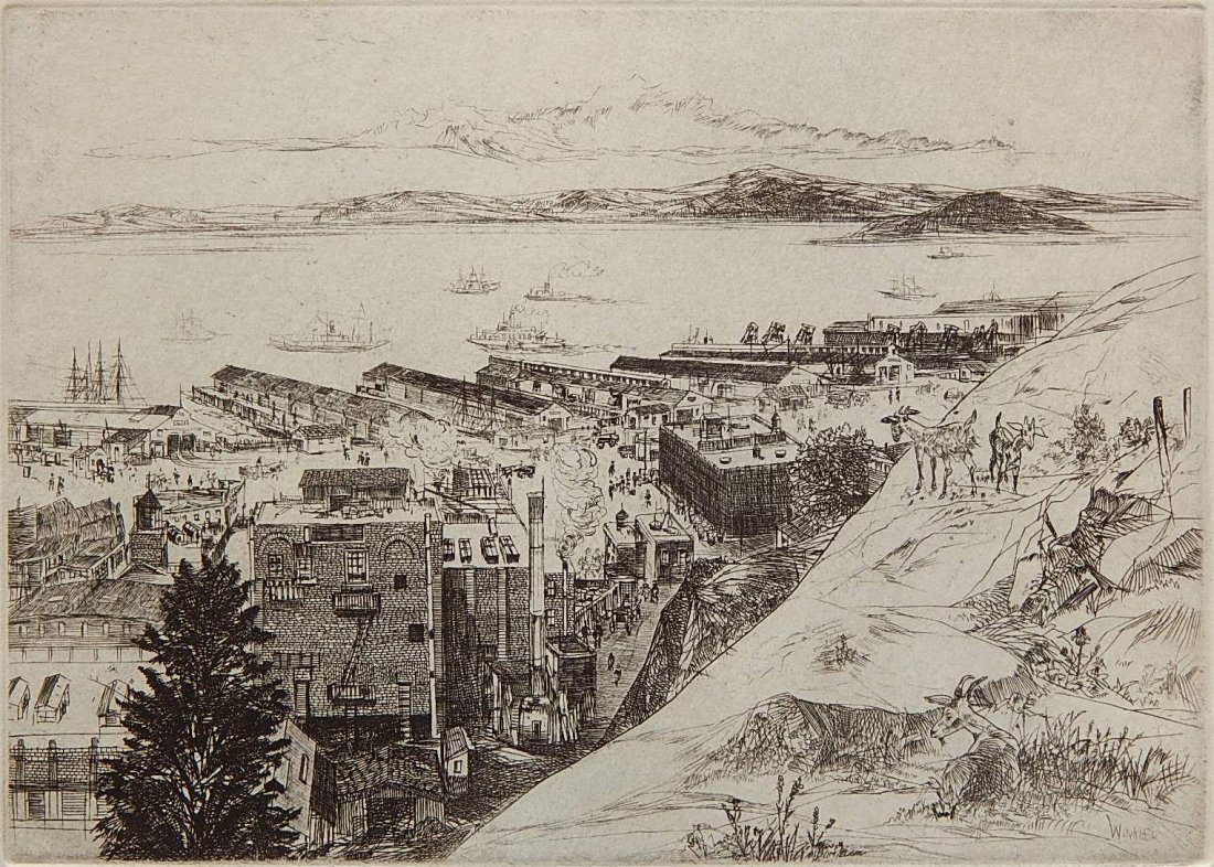 John Winkler etching: John Winkler (American 1894-1979)- ''Telegraph Hill Wharves and Goats''- etching, 1919, signed in pencil, edition of 35, very good condition. 6 1/8 x 8 15/16''