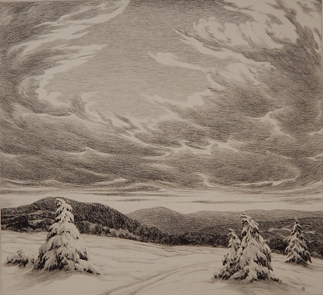 Ronau Woiceske drypoint: Ronau Woiceske (American 1887-1953)- ''Winter Sunset''- drypoint, ca. 1940, signed, titled and annotated 'Pub. Ed. 10' in pencil, very good condition. 10 x 10 3/4''