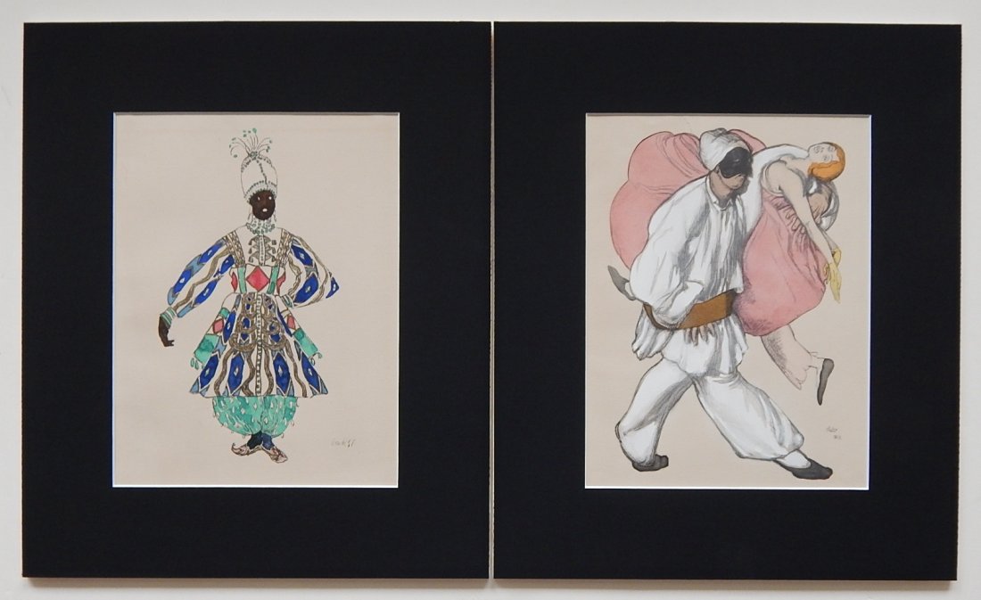 Leon Bakst 2 pochoirs: Leon Bakst (Russian 1866-1924)- Ballet Scene; Sultan- 2 hand-colored pochoirs, approximately 3/4'' l. tear in top edge, slightly going through image, otherwise good condition. 10 1/4 x 7''; 9 3/4 x 5 