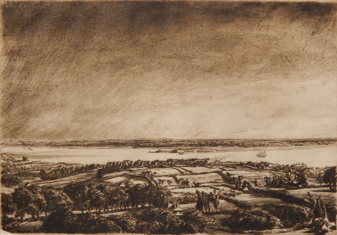 Muirhead Bone drypoint: Muirhead Bone (British 1876-1953)- ''The Solent'' (Campbell Dodgson 374 xiv/XIV)- drypoint, 1920, signed in pencil, one of 48 impressions in the final state (94 total). Drawn from nature, thus appeari