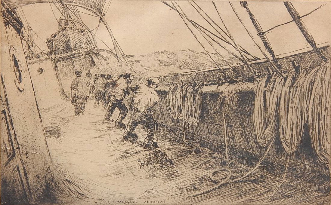 Arthur Briscoe etching: Arthur Briscoe (British 1873-1943)- ''Making Sail'' (Laver 100)(Hurst 185)- etching, signed in ink and numbered 48/75 in pencil, note: 3'' tear right edge margin, separation right side plate line, lig