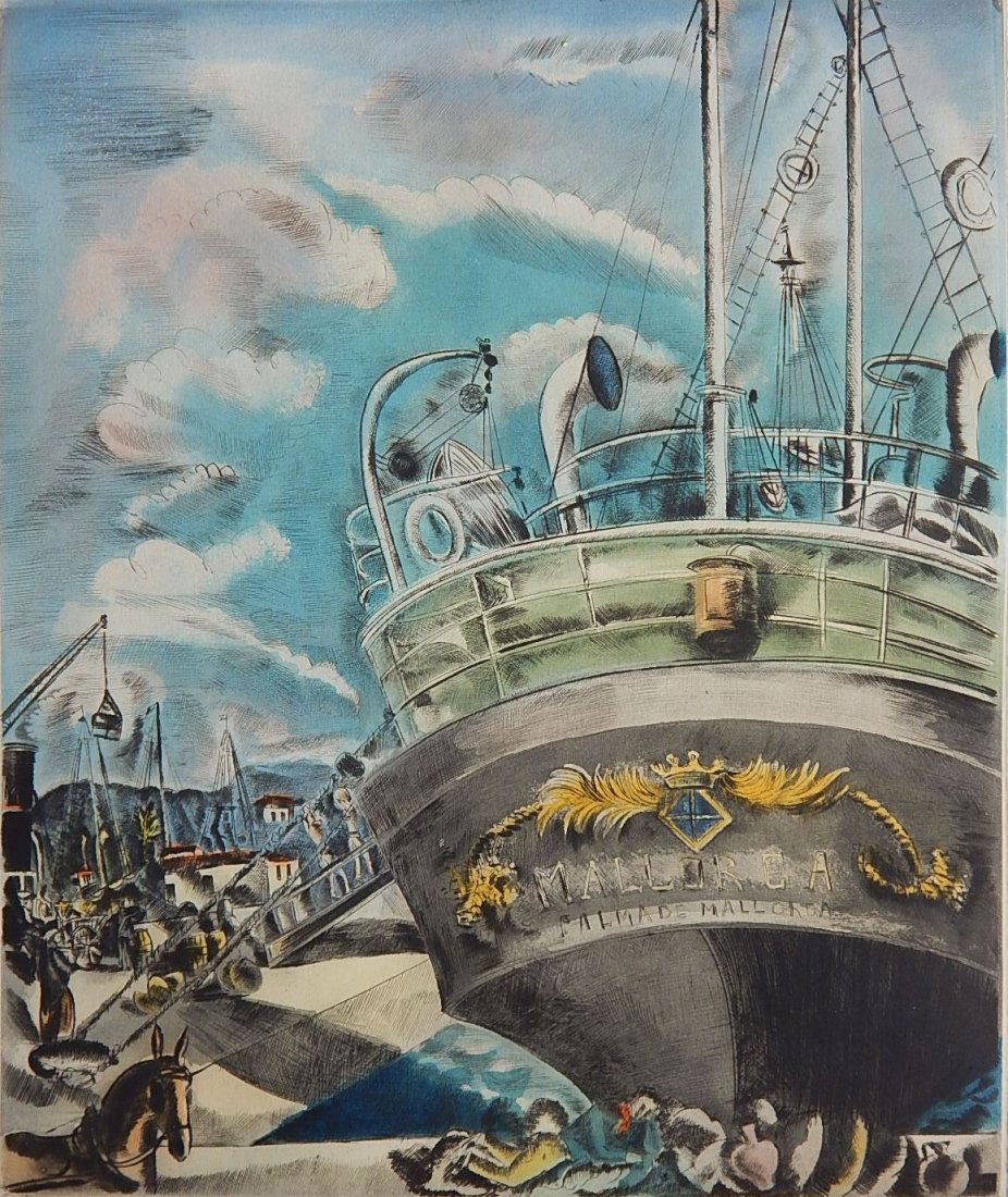 Hermine David drypoint: Hermine David (French 1886-1971)- ''Le Yacht Mallorca''- drypoint in colors, 1931, signed and numbered 67/100 in pencil. 11 x 9 1/4''