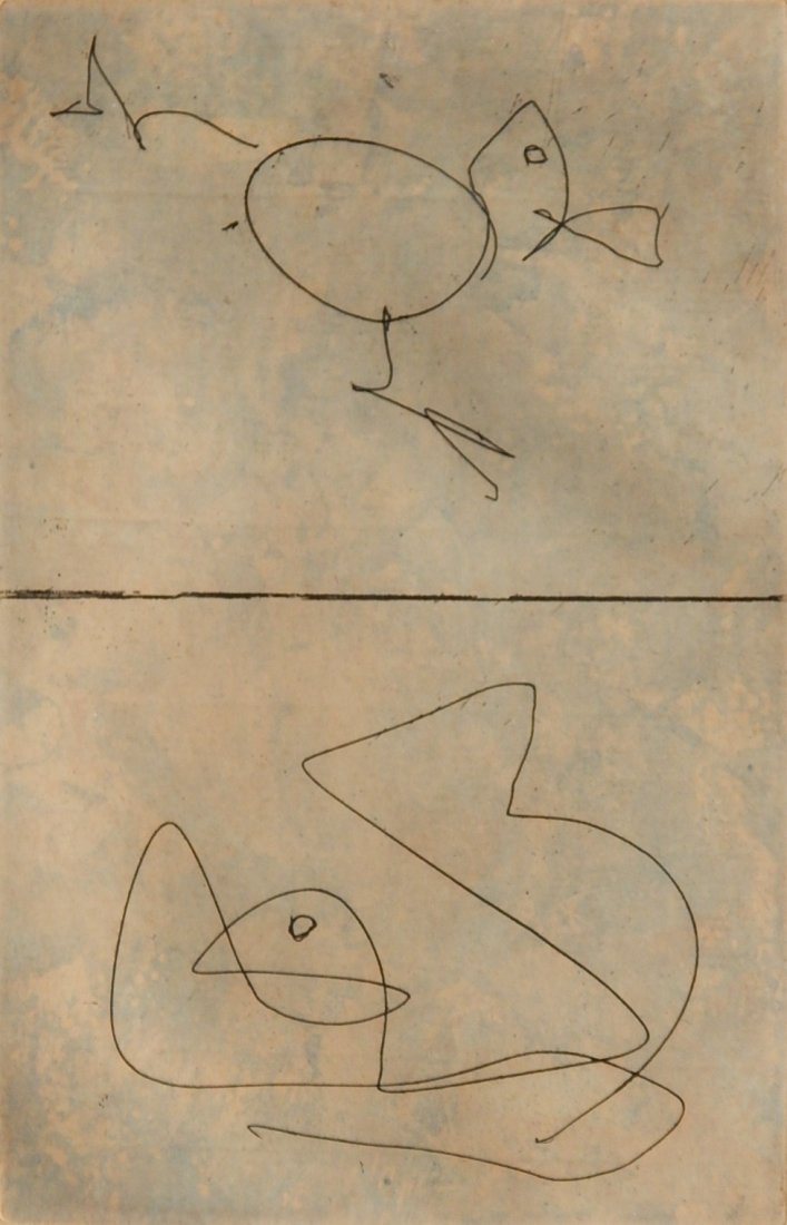 Max Ernst etching: Max Ernst (American 1891-1976)- Untitled (Spies / Leppien 255)- color etching with aquatint on Japan mounted on Velin d'Arches (as issued), 1972, signed and numbered 95/100 in pencil, printed and publ