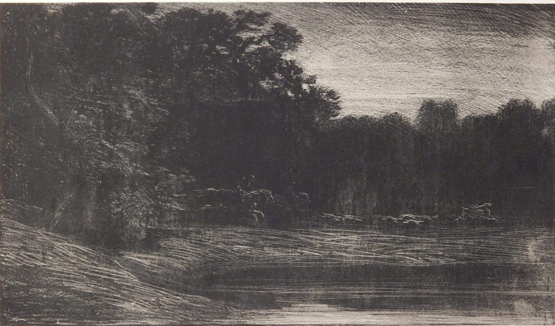 Charles E. Jacques lithograph: Charles E. Jacques (French 1813-1894)- Landscape with Horse and Rider- lithograph on chine colle, as published by Cadet, Paris. 5 5/8 x 9 3/4''