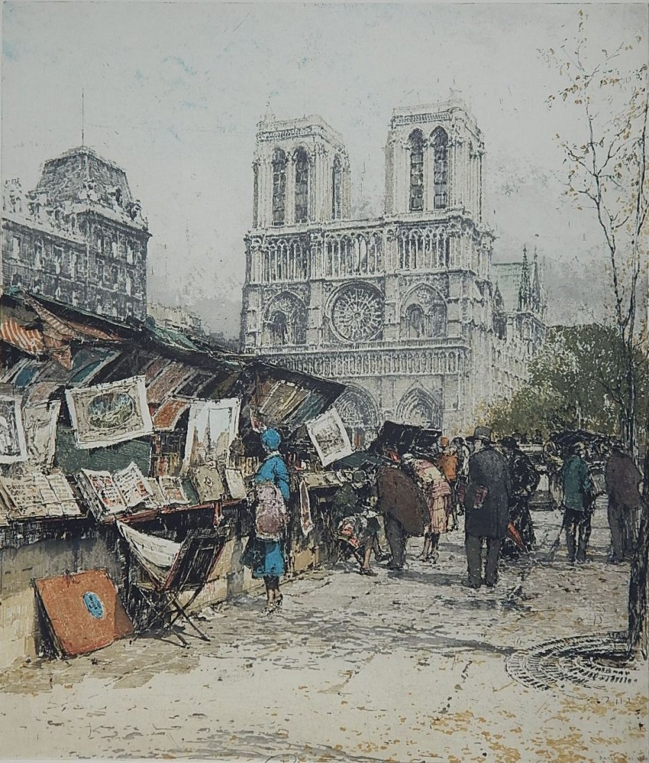 Luigi Kasimir etching: Luigi Kasimir (Austrian 1881-1962)- ''Paris, Notre-Dame and Bookstalls''- etching in colors, signed in pencil. 17 1/2 x 15''