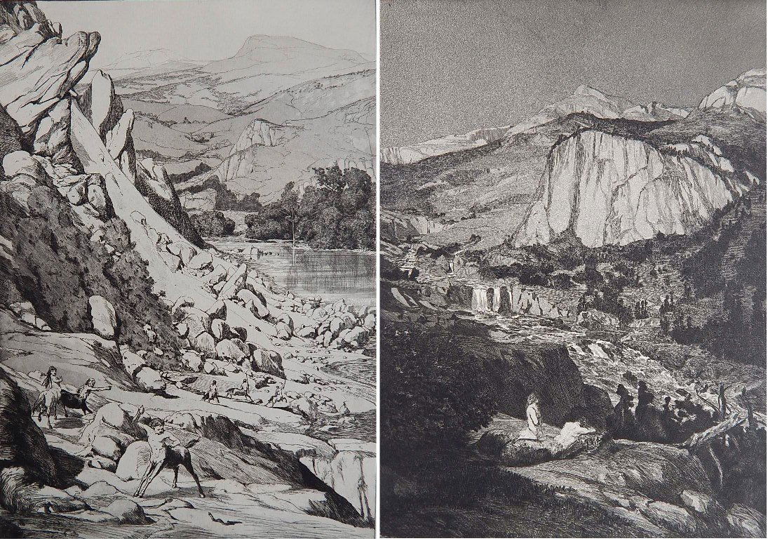 Max Klinger 2 etchings: Max Klinger (German 1857-1920)- ''Mondnacht'' and ''Bergsturz'' (Singer 56 and 57)- 2 etchings, 1881, from 'Intermezzi'. 24 3/4 x 17 3/4'' ea. (sheet)