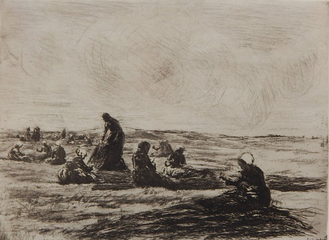 Max Liebermann etching: Max Liebermann (German 1847-1935)- ''Netzflickerinnen''- etching, signed in pencil, good condition. 9 x 12 1/4''