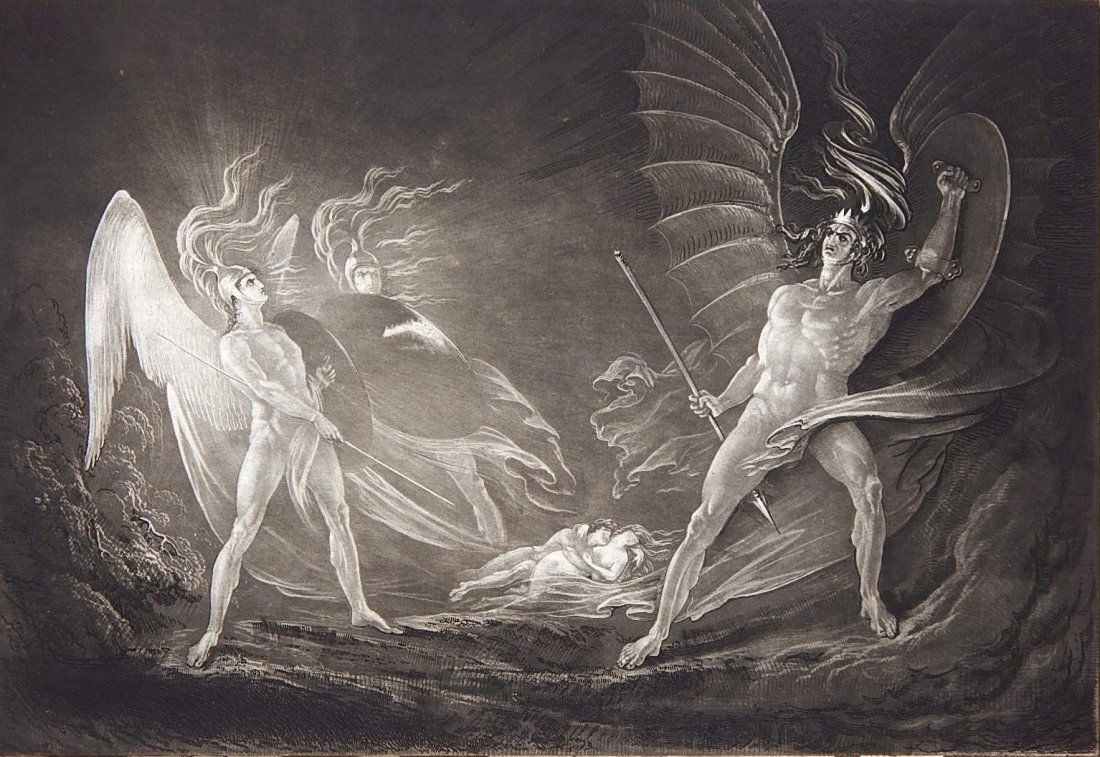 John Martin mezzotint: John Martin (British 1789-1854)- ''Eve's Dream - Satan Aroused''- mezzotint, large plate 'proof' impression. 16 x 13", 10 7/8 x 14 3/4'' (sheet)