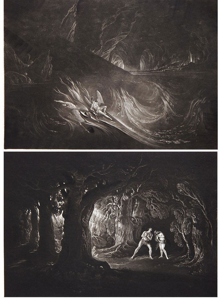 John Martin 2 mezzotints: John Martin (British 1789-1854)- Satan on the Burning Lake (I:192); Adam Hearing the Voice of the Almighty (X:108)- 2 mezzotints, large-plate series (non-proof) impressions on folio sheet, foxing thro