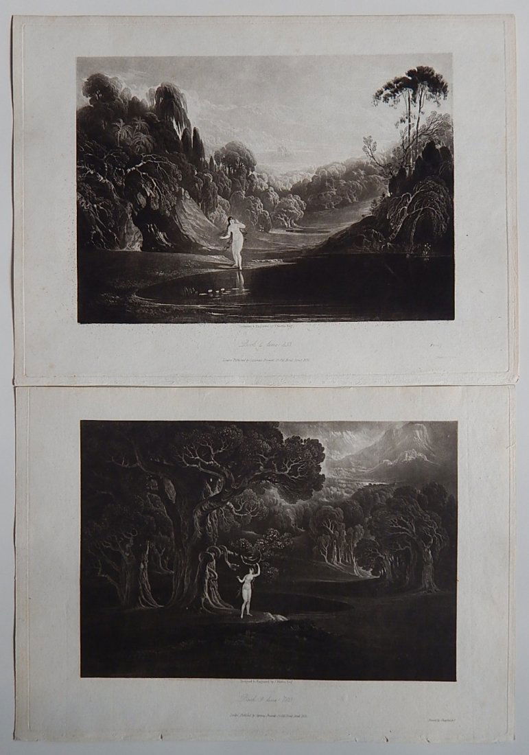 John Martin 2 mezzotints: John Martin (British 1789-1854)- Eve at the Fountain ('proof' re-engraved)(IV:453); Satan Tempting Eve (IX:780)- 2 mezzotints, large-plate series (non-proof), foxing throughout. 10 1/2 x 14 1/2'' (she