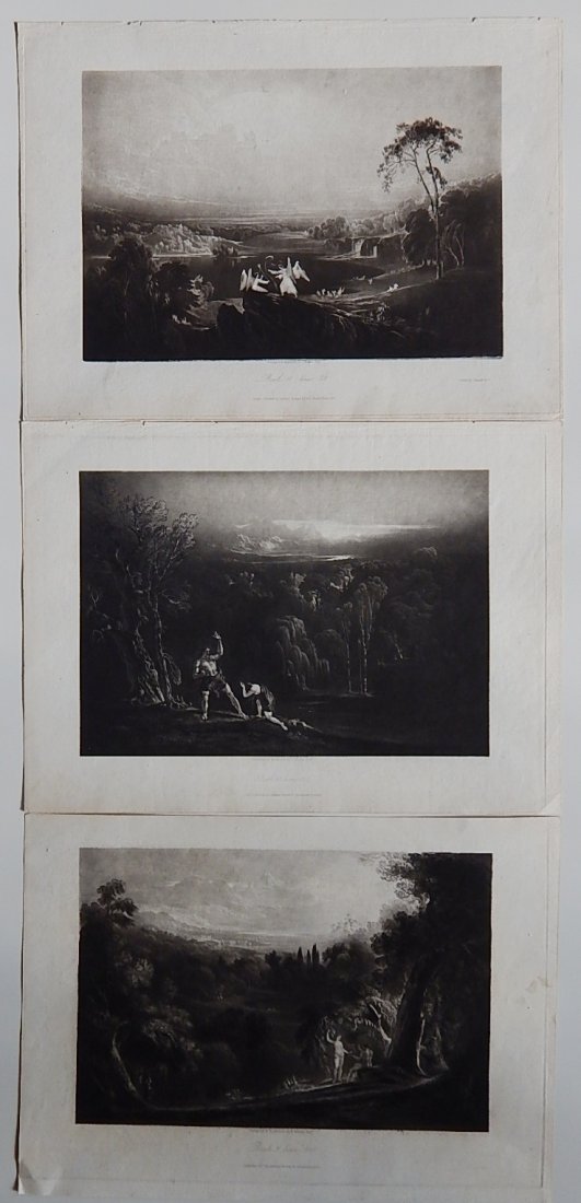 John Martin 3 mezzotints: John Martin (British 1789-1854)- Eve Presenting the Forbidden Fruit (IX:995); Adam Reproving Eve (X:863); Heaven - Rivers of Bliss (XI:78)- 3 mezzotints. 10 1/2 x 14 1/2'' (sheet)