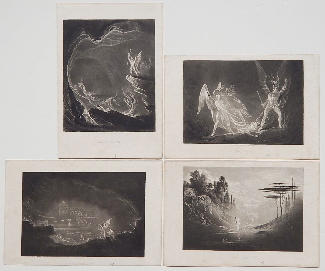 John Martin 4 mezzotints: John Martin (British 1789-1854)- Satan Arousing the Fallen Angels (I:314); Pandemonium (I:710); Eve at the Fountain (IV:453); and Eve's Dream (IV:813)- 4 mezzotints, from 'Paradise Lost', small plate