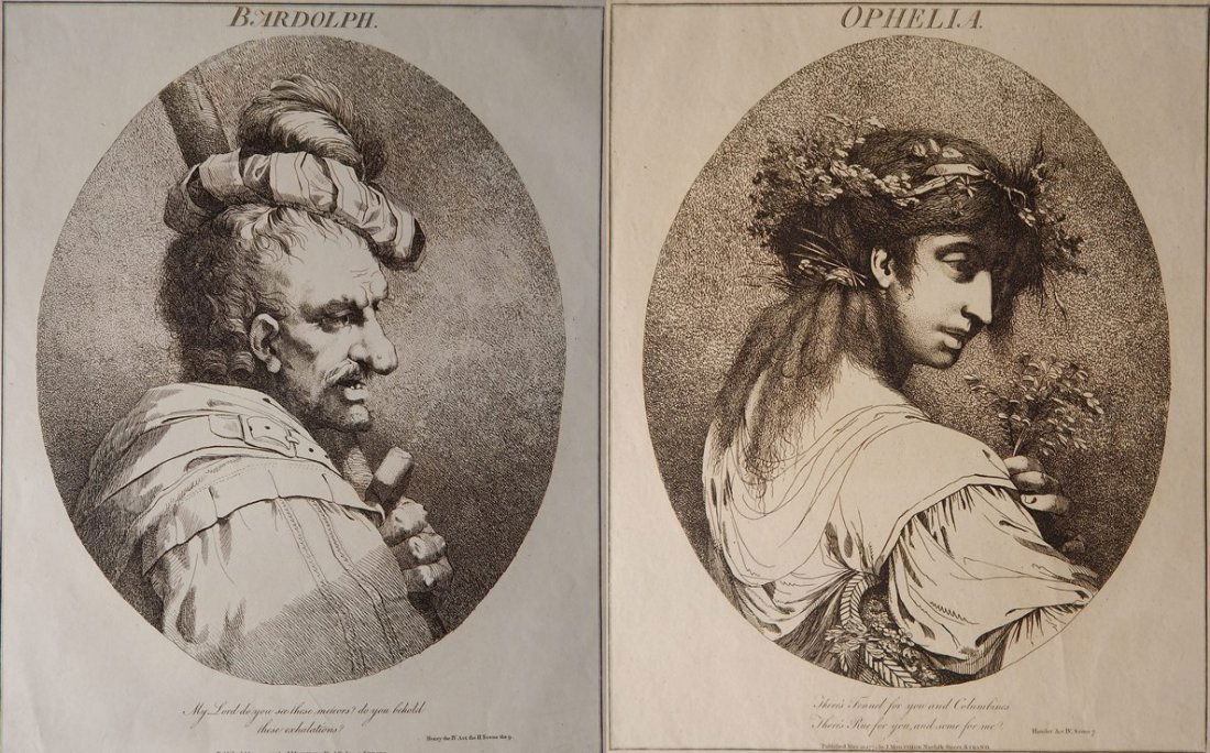 John Hamilton Mortimer etching: John Hamilton Mortimer (British 1740-1779)- ''Bardolph'' and ''Ophelia''- etching, 1775 (printed 1809 and 1811), from 'Shakespeare's Characters'. 15 1/2 x 12 3/8''