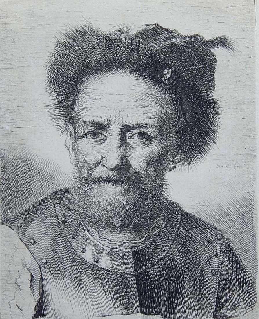 Georg F. Schmidt etching: Georg F. Schmidt- ''The Old Soldier'' (Le Blanc 148)- etching. 7 1/2 x 5 3/4''