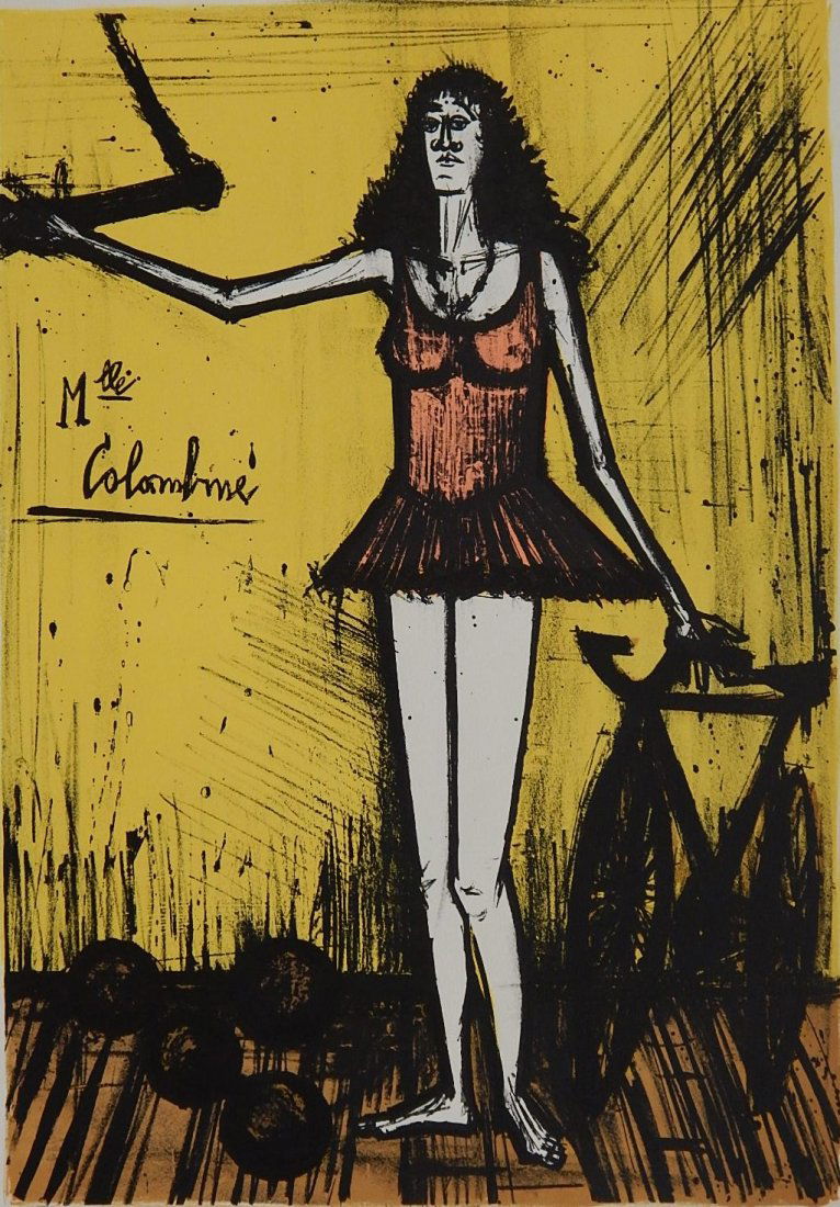 Bernard Buffet lithograph: Bernard Buffet (French 1928-1999)- ''Mlle Colombine''- lithograph in colors, 1968, bears signature in pen and ink lower center, numbered 62/120 in pencil, several minor foxing in margins, adhered to b