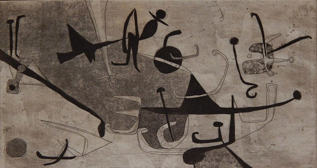 Leonard Edmondson aquatint: Leonard Edmondson (American 1916-2002)- Untitled- aquatint, ca. 1960, signed and numbered 24/70 in pencil, very good condition. 4 3/4 x 9''