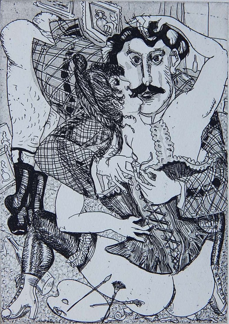 Red Grooms etching and aquatint: Red Grooms (American 1937- )- ''Bazille'' (Knestrick 60)- etching and aquatint, 1976, signed, dated, titled and annotated 'A.P. 6/10' in pencil, from the 'Nineteenth - Century Artists' portfolio. 6 7/