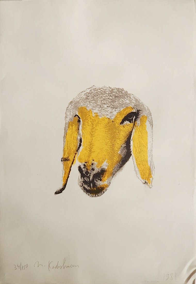 Menashe Kadishman lithograph: Menashe Kadishman (Israeli 1932- )- Sheep- lithograph, 1981, signed, dated and numbered 34/150 in pencil, various staining, handling and severe creases throughout bottom edge. 35 1/4 x 24 3/8'' (sheet