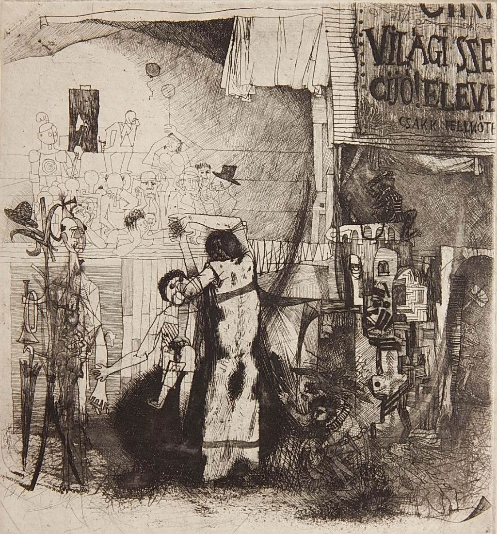 Bela Kondor intaglio: Bela Kondor (Hungarian 20th c.)- ''Circus''- intaglio, 1960, signed and numbered 47/100 in pencil, good condition. 9 1/4 x 8 1/2''