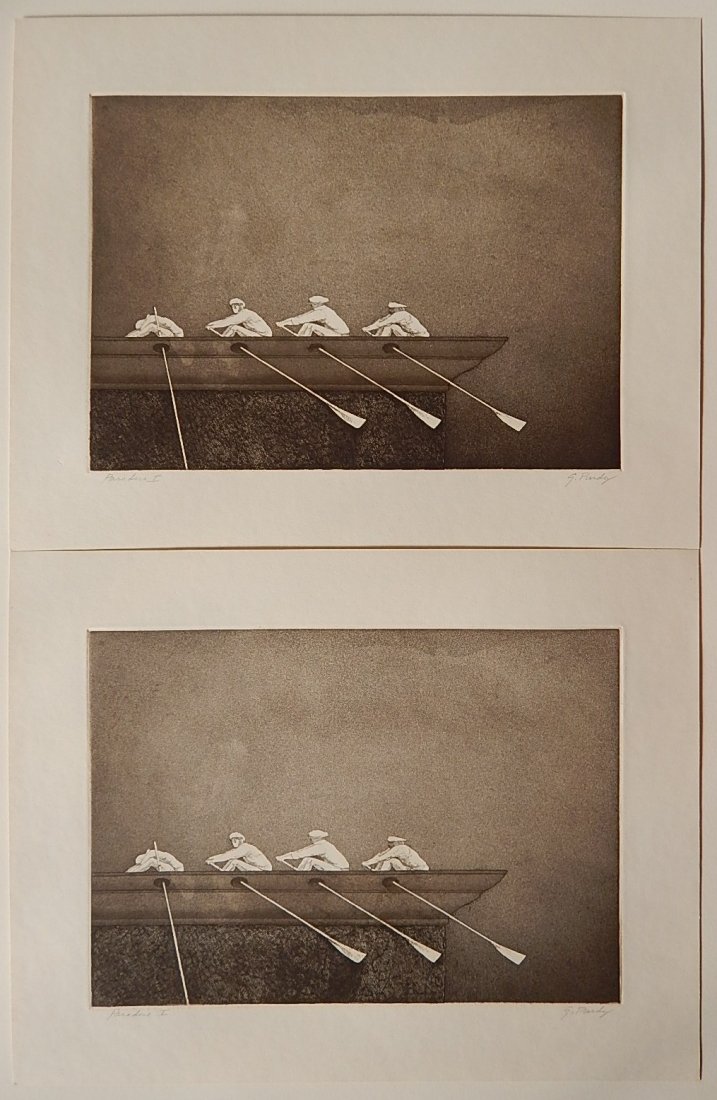 Gerald Purdy 2 intaglios: Gerald Purdy (American 20th c.)- ''Paradise I''- 2 intaglios, both signed and titled in pencil, good condition. 9 3/4 x 13 3/4''