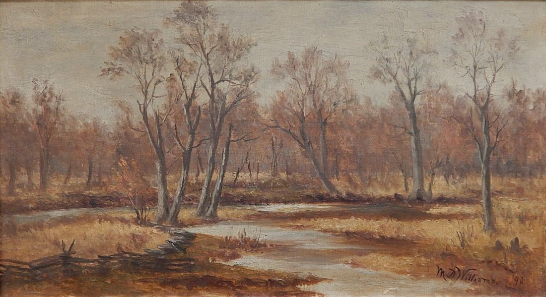 M. D. Williams oil: M. D. Williams (American 19/20th c.)- Landscape- oil on canvas, c. 1890, signed 'M. D. Williams 90' lower right, good condition. 13 x 23 3/4''