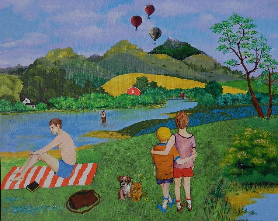 Michael Marecak oil: Michael Marecak (American 20th c.)- ''Pals in A Lonely World''- oil on canvasboard, 1996, signed 'M 96' lower right, very good condition. 16 x 20''