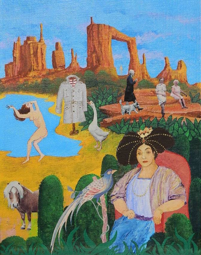 Michael Marecak mixed media: Michael Marecak (American 20th c.)- ''Domestic Disturbance Mt. Olympus''- mixed media on canvasboard, 1985. 11 x 14''