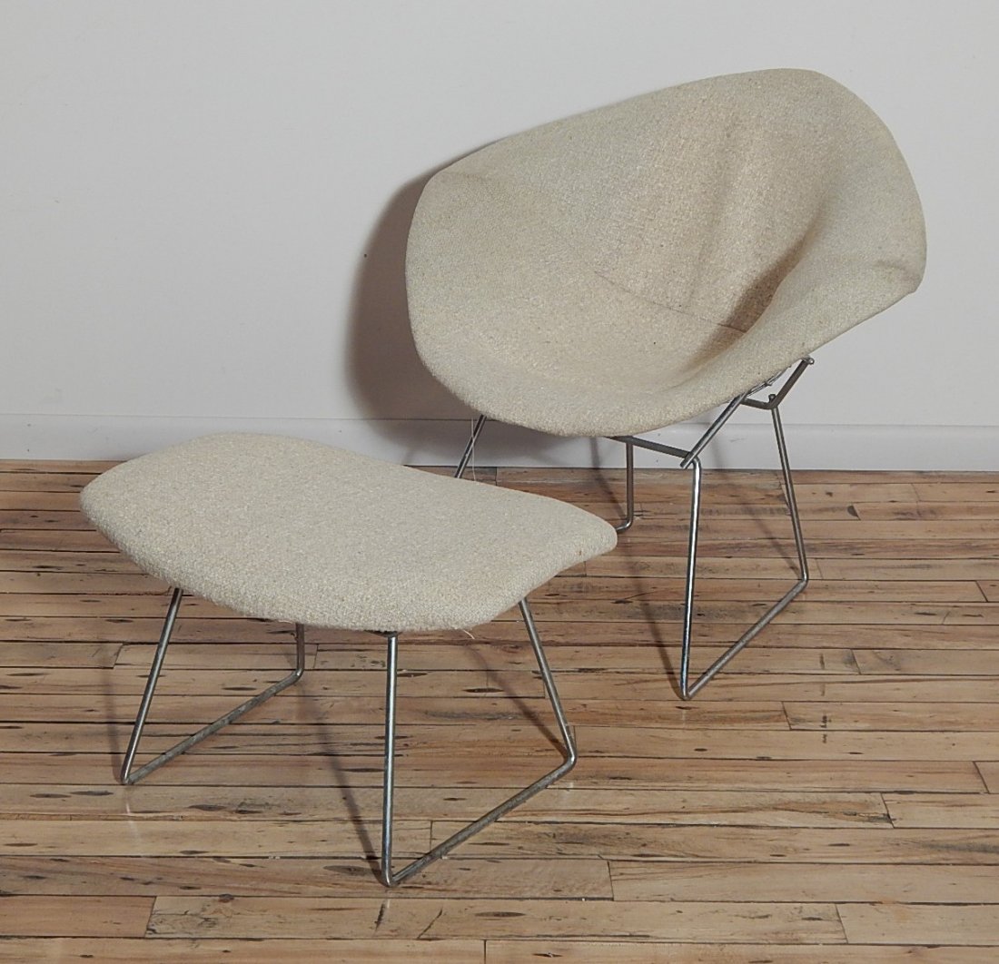 Harry Bertoia Diamond chair and ottoman for Knoll: Harry Bertoia for Knoll International- Diamond Chair and Ottoman, on chrome plated steel wire frames, some staining to upholstery. chair 28 x 45 x 32''