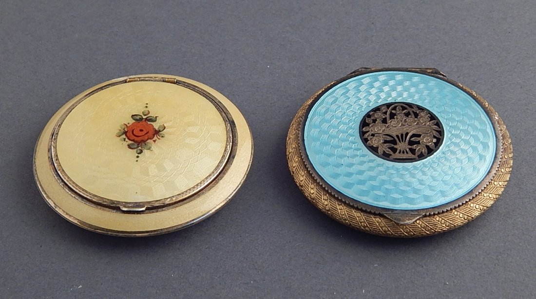 2 French enamel ladies compact: 2 French enamel ladies compact, chips to yellow one.