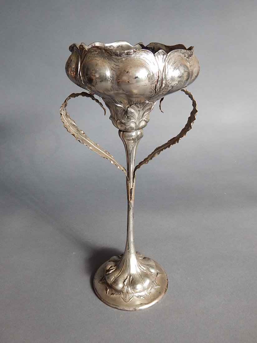Art Nouveau white metal compote: Art Nouveau white metal compote, floral form. 13''h
