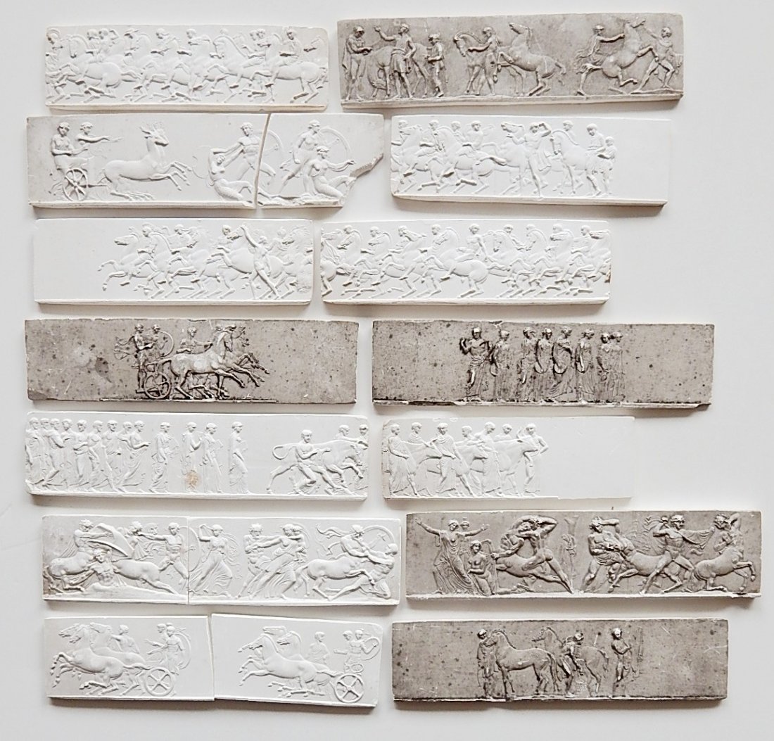 Lot of 14 cast plaster frieze: Lot of 14 cast plaster frieze. 2 1/4 x 7 1/4'' ea.