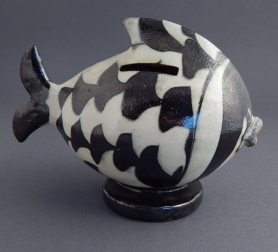 Henry Kaller ceramic bank: Henry Kaller ceramic bank- Zebra Fish, marked Danmark, glaze chip on lip, tail repaired. 4''h Exhibited: 1939 Golden Gate International Exhibition.