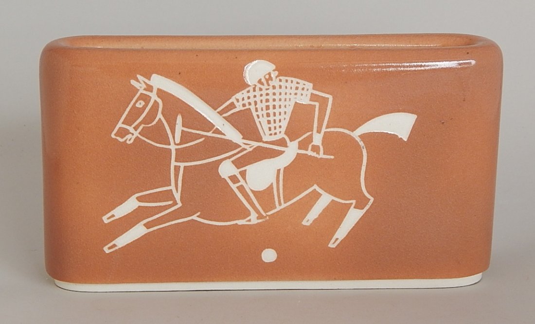 Waylande Gregory Studios vase: Waylande Gregory Studios vase- depicting a polo player, marked on bottom. 4 1/4''h