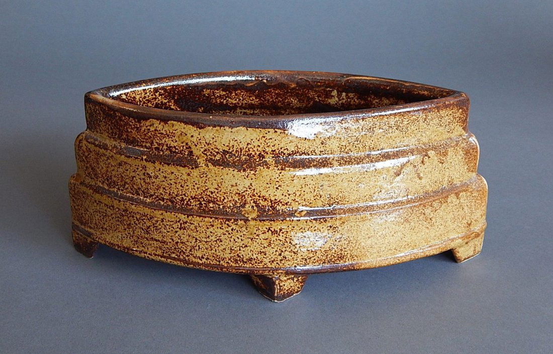 Jeff Oestreich glazed earthenware: Jeff Oestreich (American 1947- )- Footed Bowl- glazed earthenware, artist stamp 'J.O.' at base. 4 x 3 1/2 x 9 1/2''