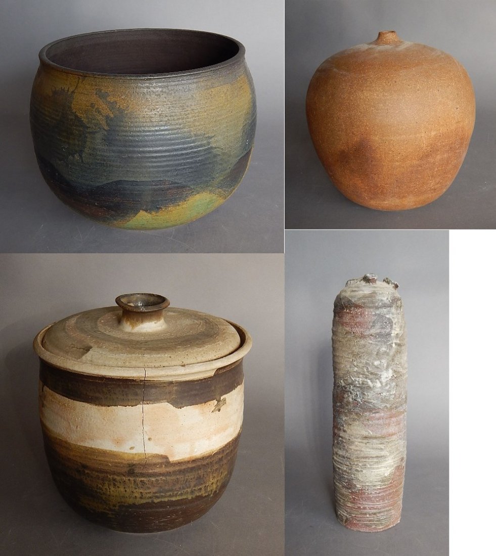 Toshiko Takaezu and students- 4 pottery pieces: Toshiko Takaezu and students- a container with lid by Takaezu, as is; 3 other pieces by former students, various sizes.