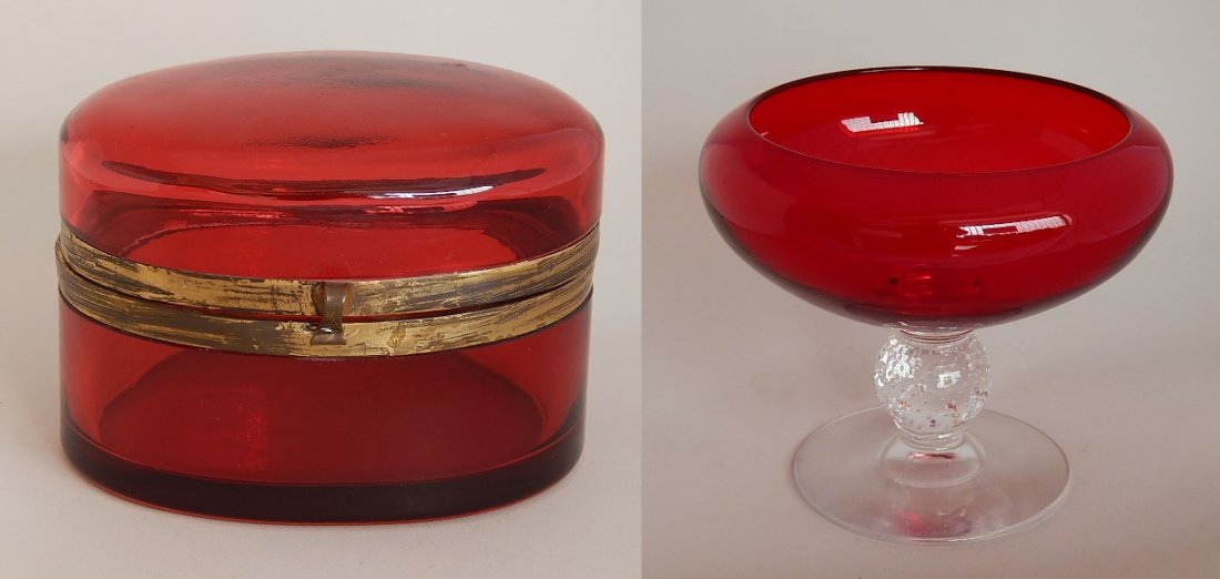 Ruby Red Pairpoint compote candy dish: Ruby Red Pairpoint compote candy dish, and Ruby box with lid and clasp, candy dish missing its lid, otherwise good condition. 5 1/2''h and 4''h.