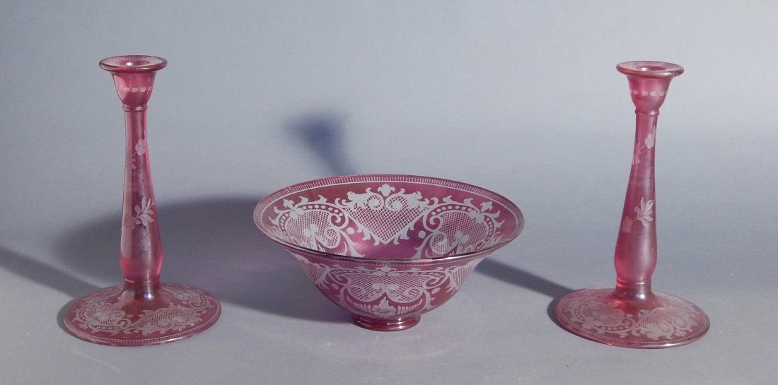 Westmorland Glass bowl and pair of candlesticks: Westmorland Glass bowl and pair of candlesticks, good condition. 9 3/8''dia, 4''h and 9 1/4''h