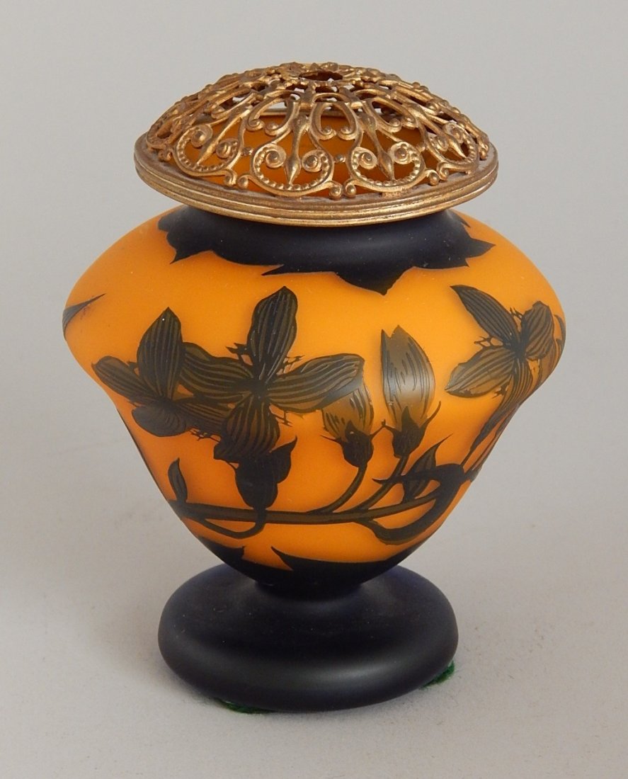 Richard Cameo Art Glass vase: Richard Cameo Art Glass vase, footed, orange yellow walls with metal rim. 4 1/2''